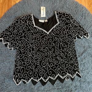Vintage Laurence Kazar Black White Pearl Beaded Swirl Silk Blouse Size 4X NWT